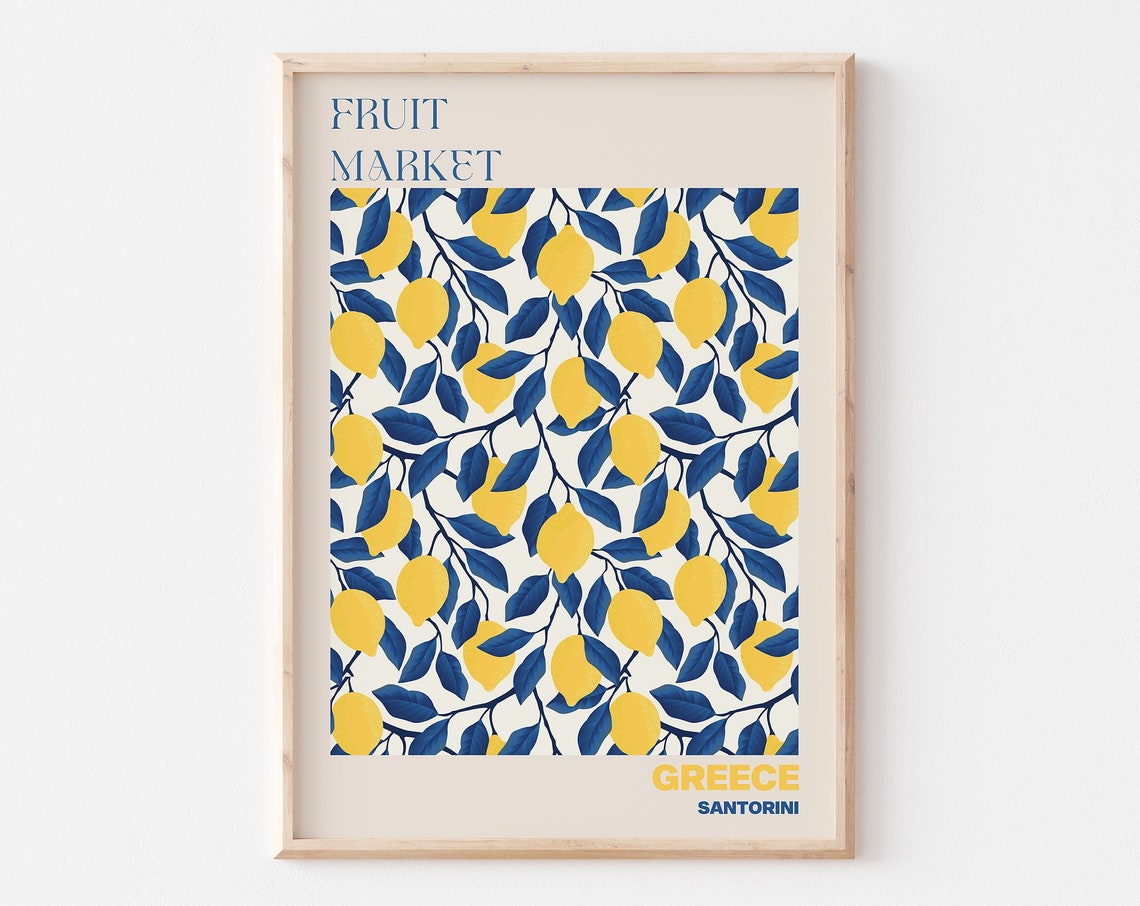 Greece Fruit Market Santorini Lemon Citrus Pattern Art Poster