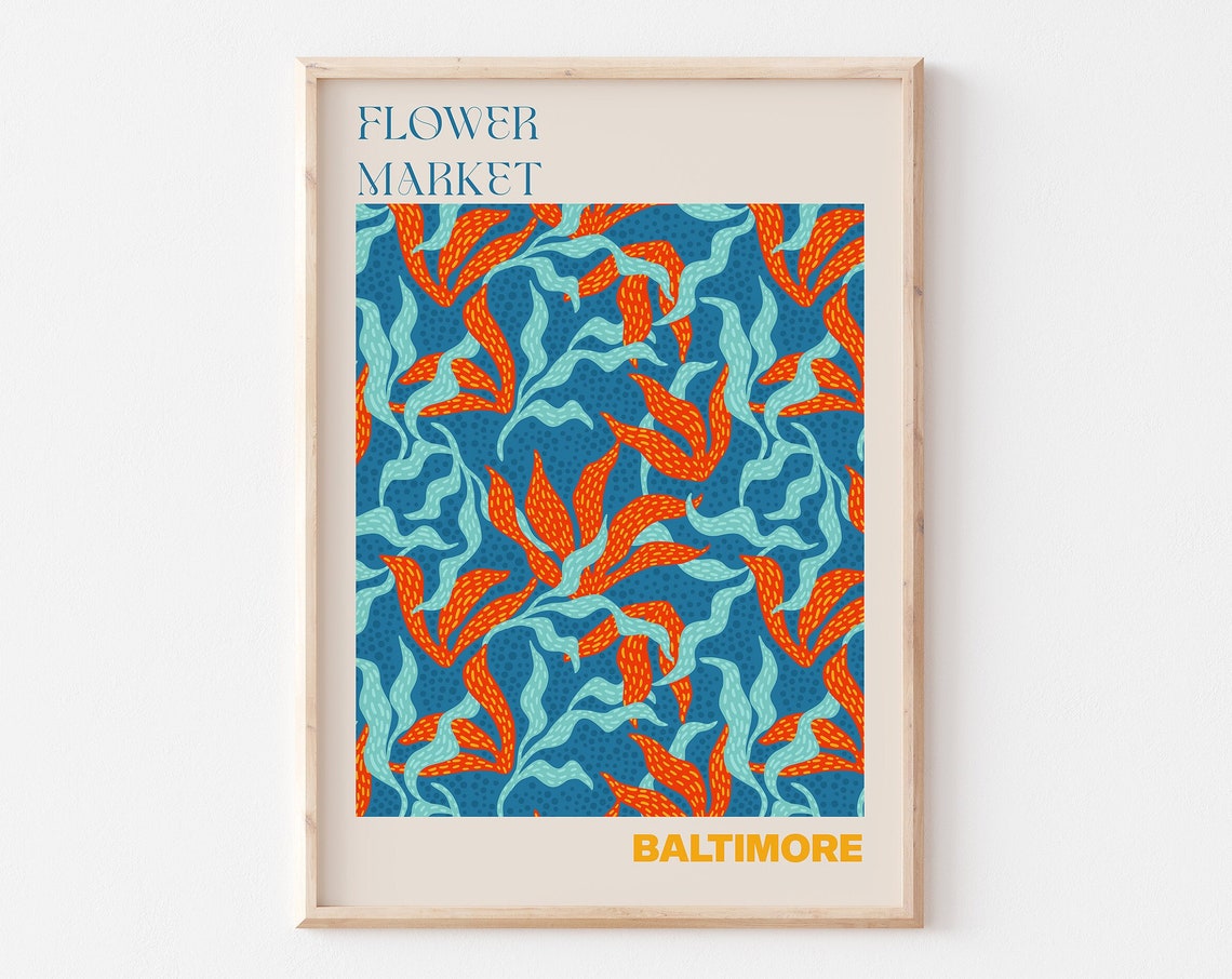 Baltimore Flower Market Orange Flame Petal Blue Pattern Poster