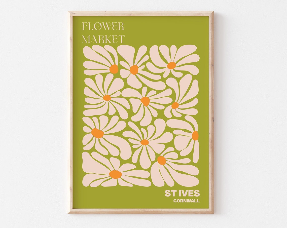 St Ives Cornwall Flower Market Cream Daisy Olive Green Poster