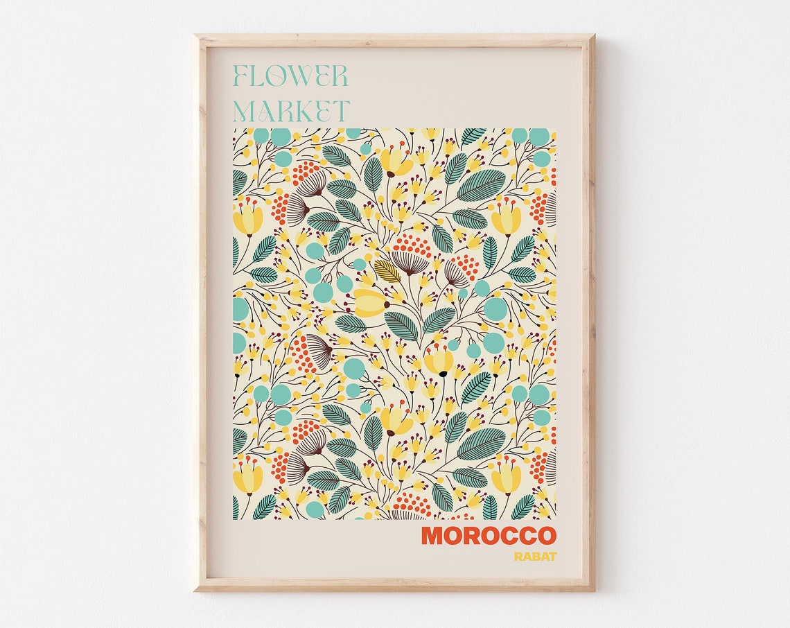 Morocco Rabat Flower Market Yellow Teal Botanical Travel Poster