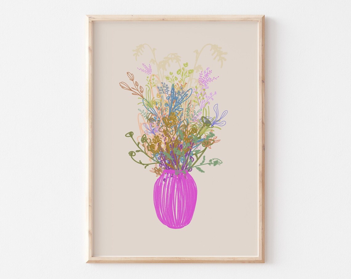 Pink Vase With Colorful Wildflower Line Art Poster For Entryway Decor