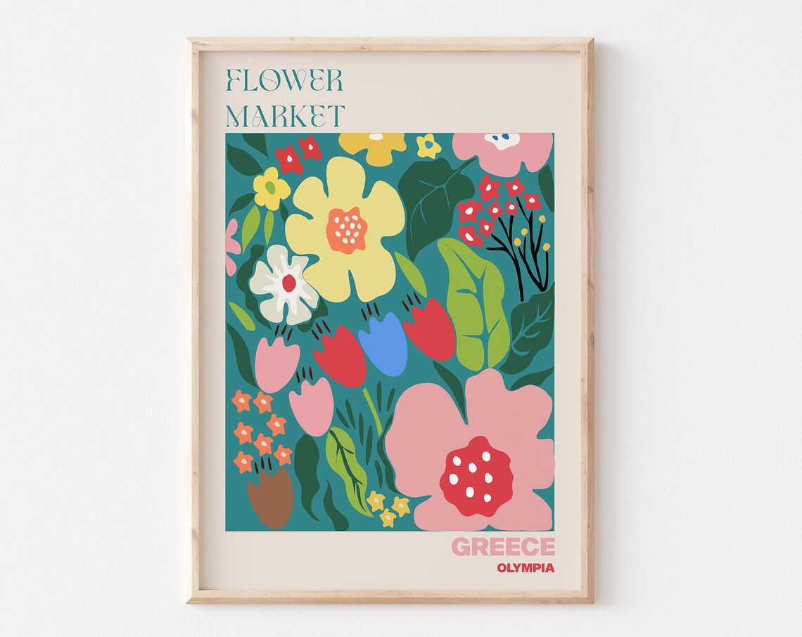 Greece Olympia Lively Bold Folk Art Teal Flower Market Poster