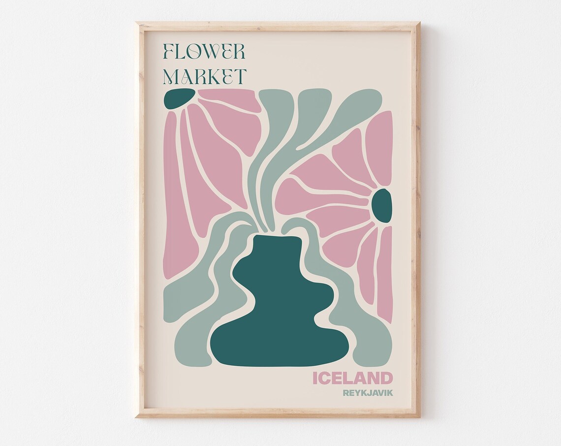 Iceland Reykjavik Flower Market Groovy Pink Daisy Teal Vase Poster