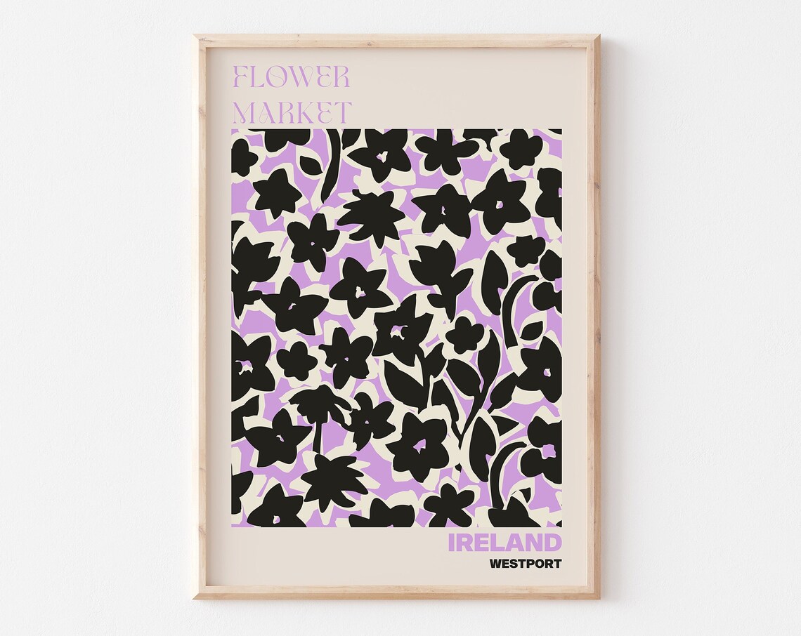 Ireland Flower Market Poster Westport Black Floral Silhouette Artwork