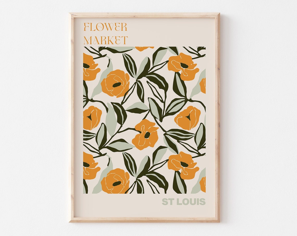 St Louis Flower Market Marigold Poppy Green Leaf Pattern Poster