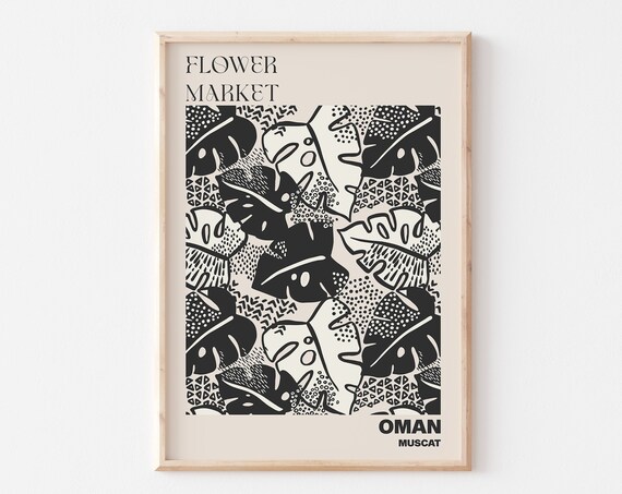 Oman Muscat Flower Market Monochrome Monstera Leaf Pattern Poster