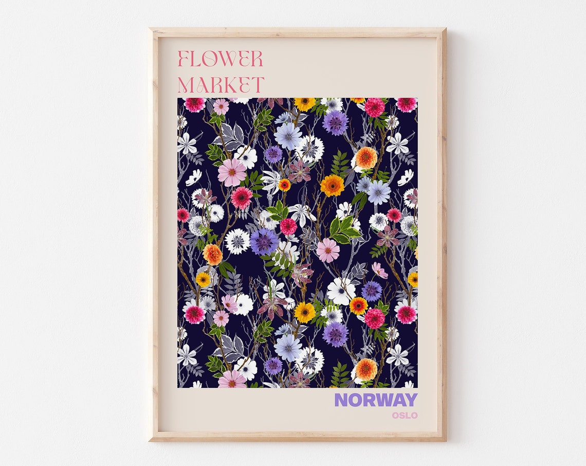 Flower Market Norway Oslo Night Garden Floral Deep Navy Poster