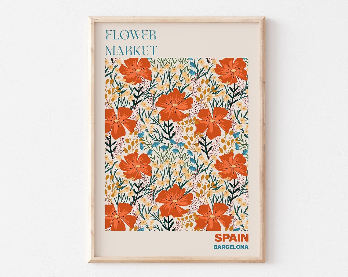 Spain Barcelona Vivid Orange Poppy Flower Market Botanical Poster