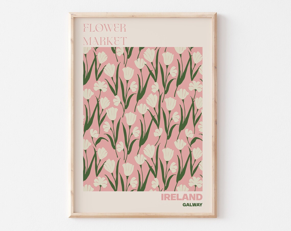 Ireland Galway Flower Market Bold White Tulip Pink Travel Poster
