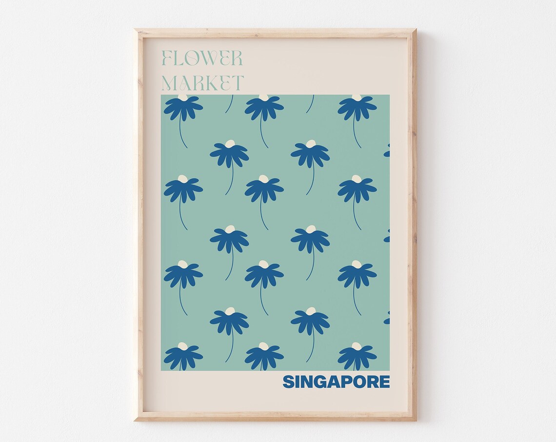 Singapore Flower Market Poster Navy Blossom Mint Floral Artwork