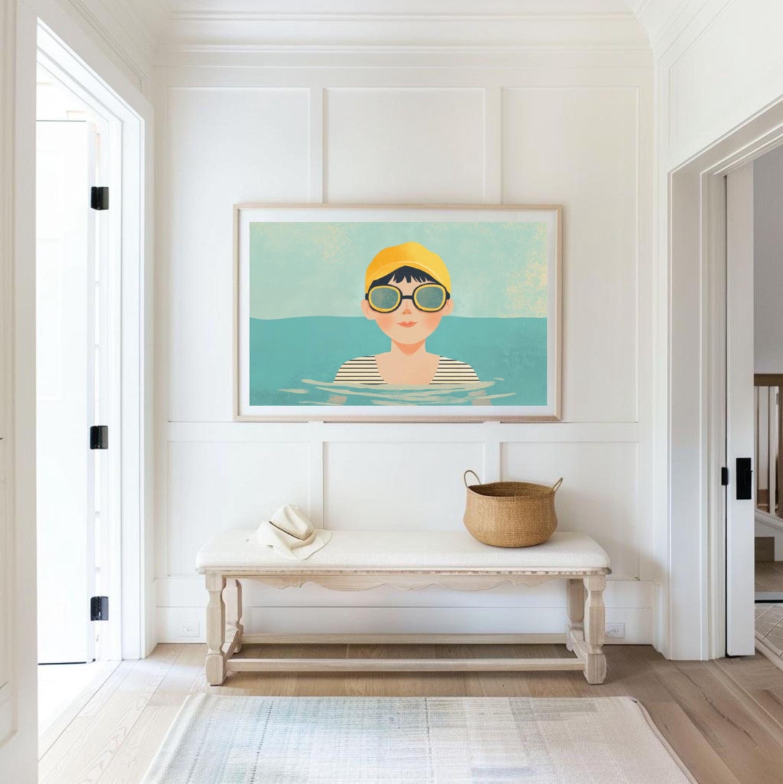 Retro Boy Swimmer with Yellow Cap and Goggles in the Pool Poster