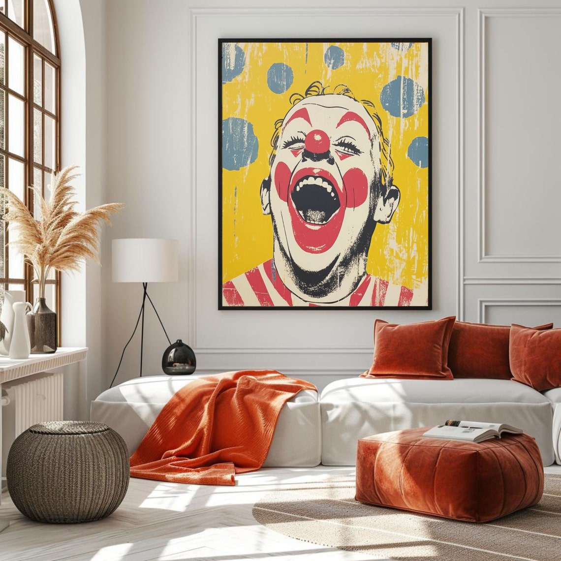 Retro Laughing Clown Pop Art Yellow Polka Dot Vintage Poster