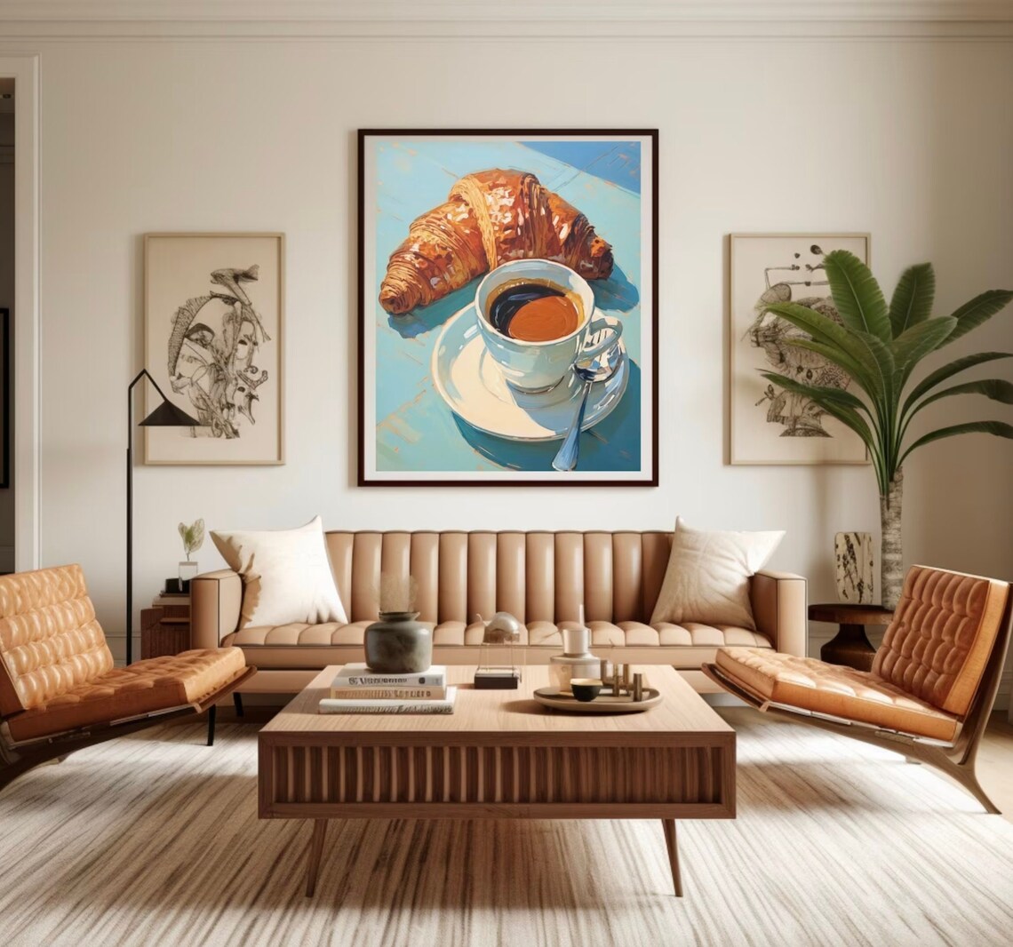 Coffee and Croissant Oil Painting Poster Print