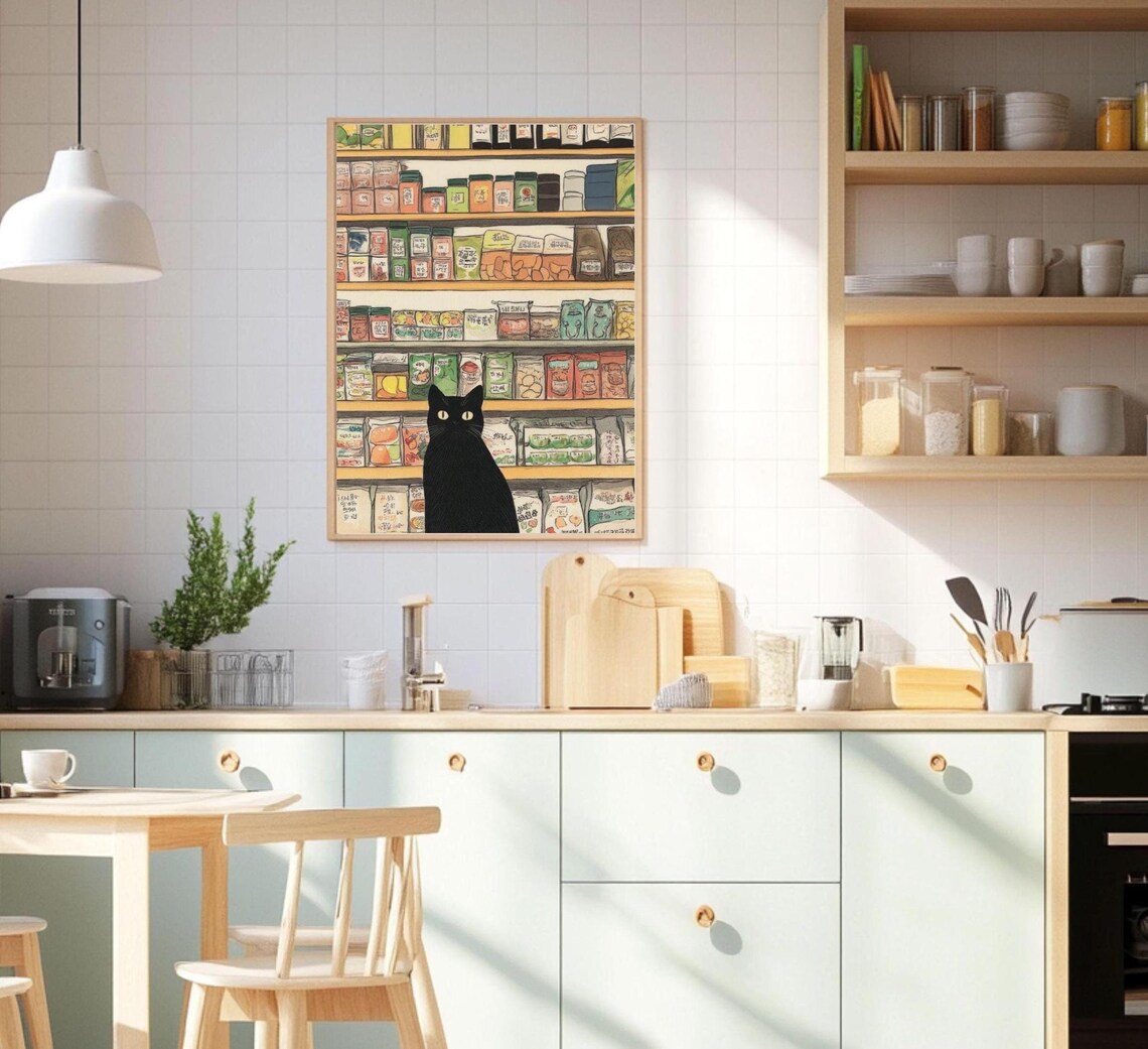 Black Cat Sitting In A Grocery Store Aisle Illustrated Wall Poster