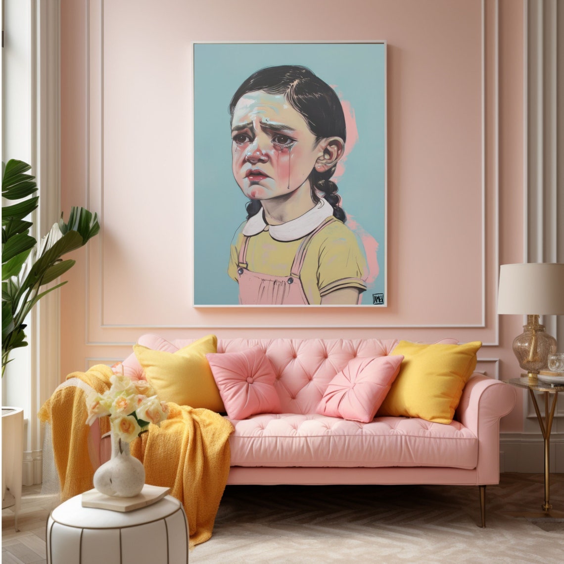 Crying Girl Emotional Portrait Pastel Blue Expressive Art Poster