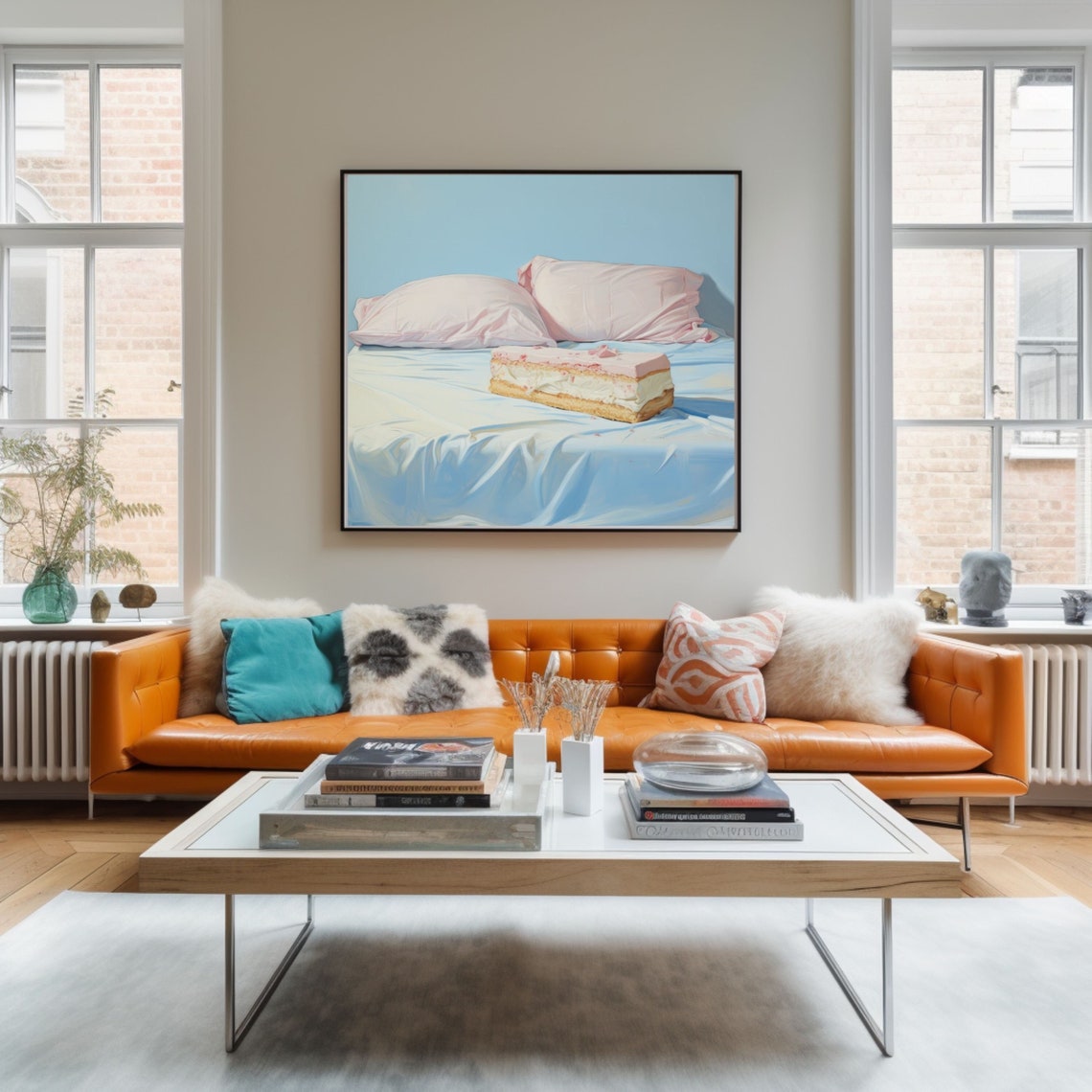 Quirky Strawberry Layer Cake on a Blue Bed Painting Art Poster