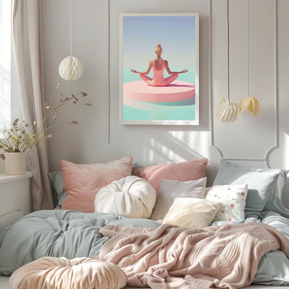 Zen Woman Meditating Poster Pastel Pool Serene Yoga Mindfulness Decor