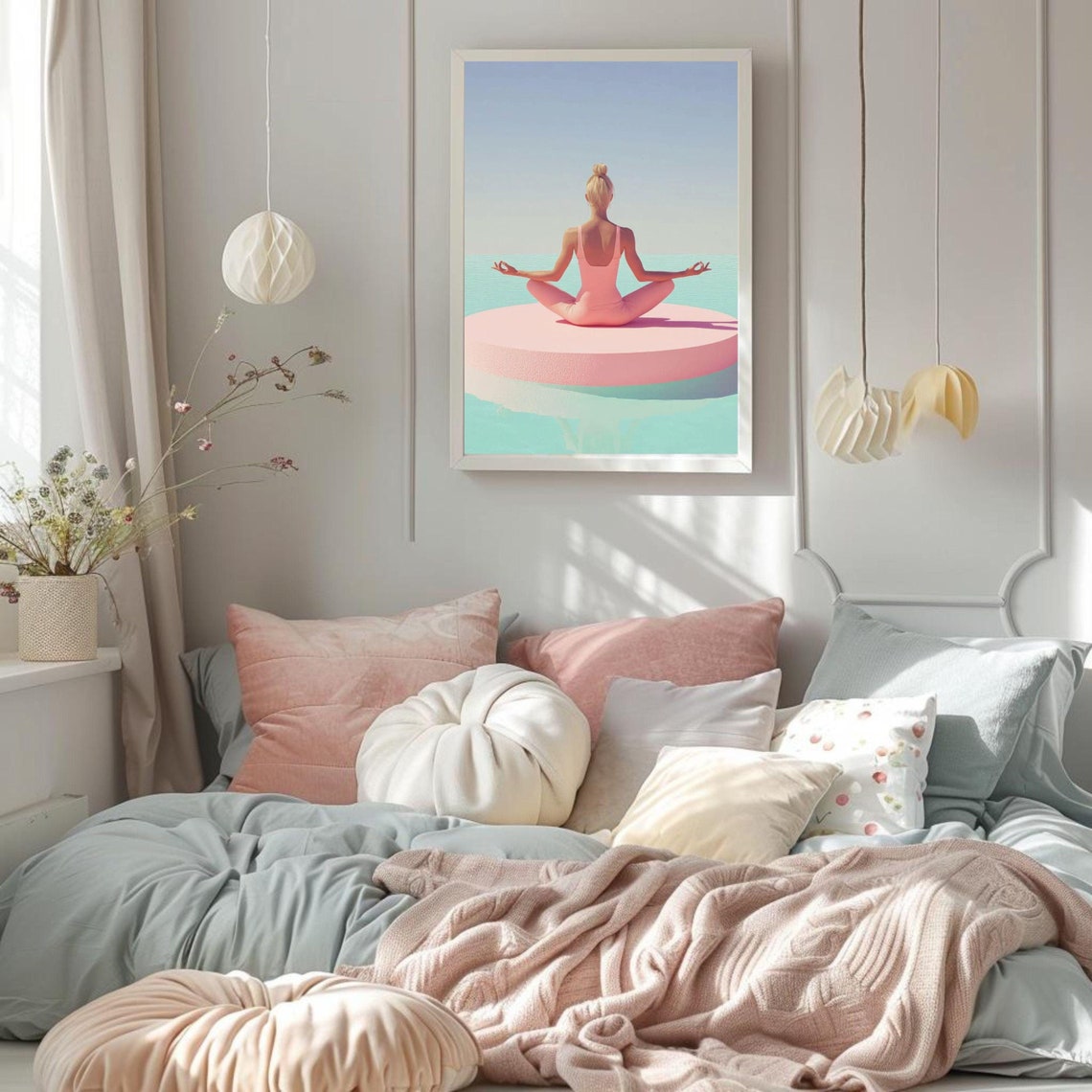 Zen Woman Meditating Poster Pastel Pool Serene Yoga Mindfulness Decor