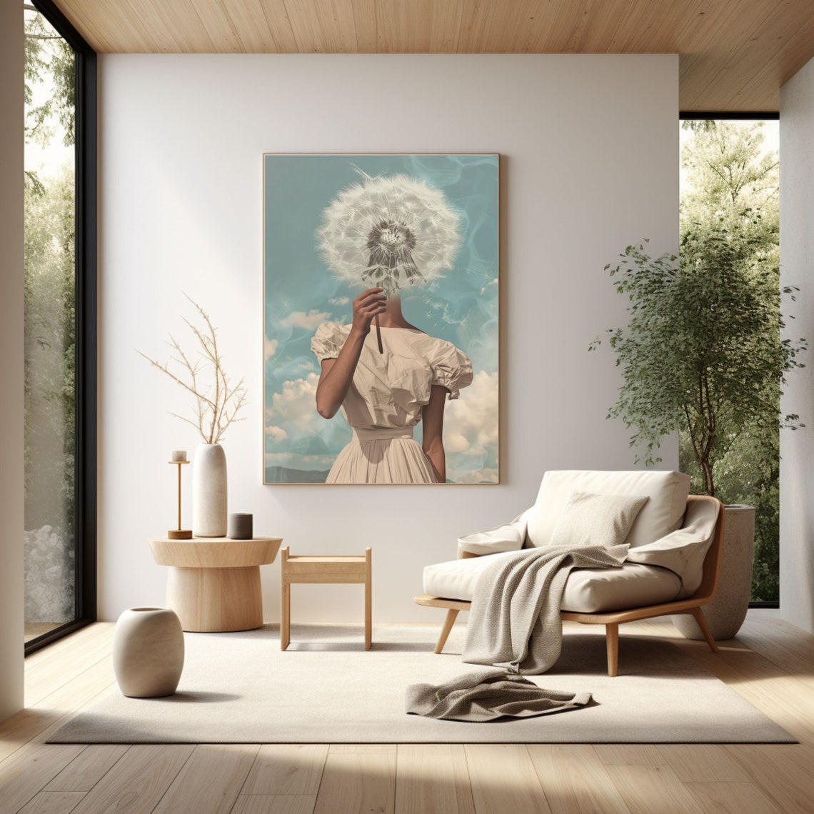 Woman Holding Giant Dandelion Over Her Face Surreal Art Poster