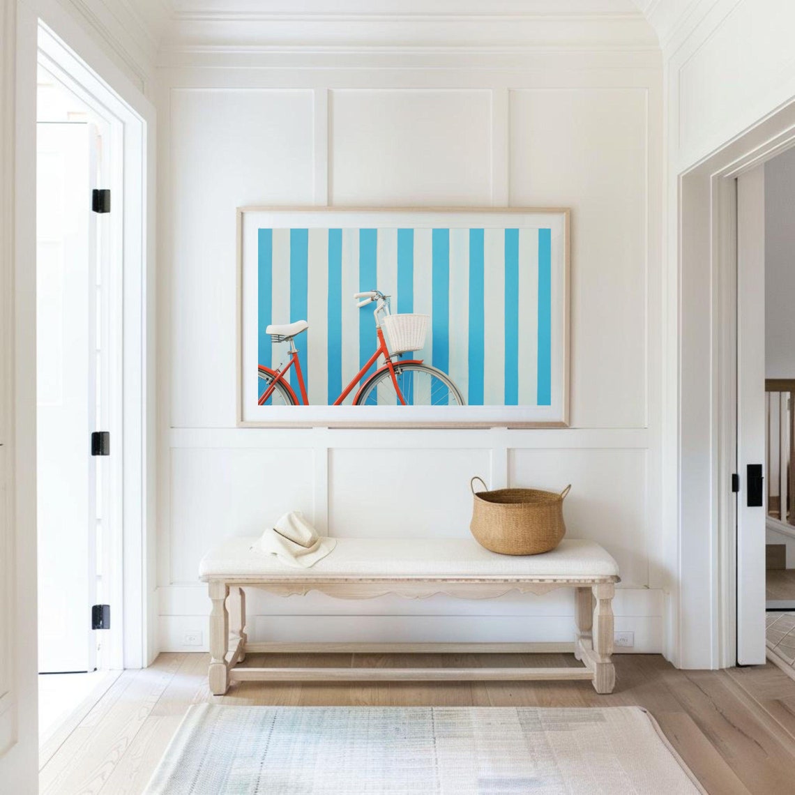 Red Bicycle White Basket Blue Stripes Summer Bike Photo Wall Art