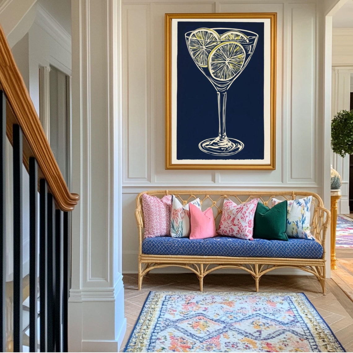 Martini Cocktail With Lemon Line Art On Navy Bar Drink Wall Poster