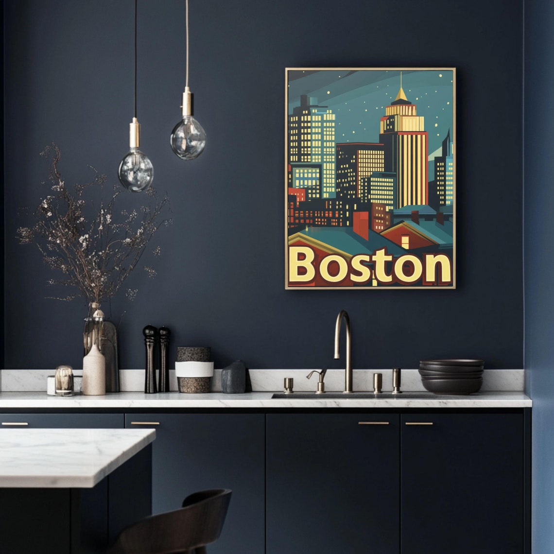 Boston Illuminated Night Skyline Retro Vintage Travel Poster
