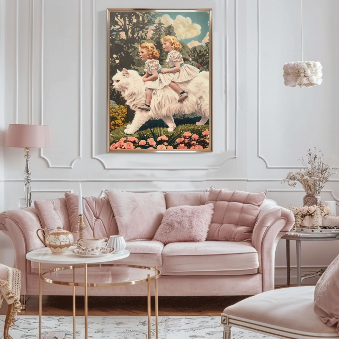 Victorian Girls Riding A Giant White Cat In The Garden Wall Poster