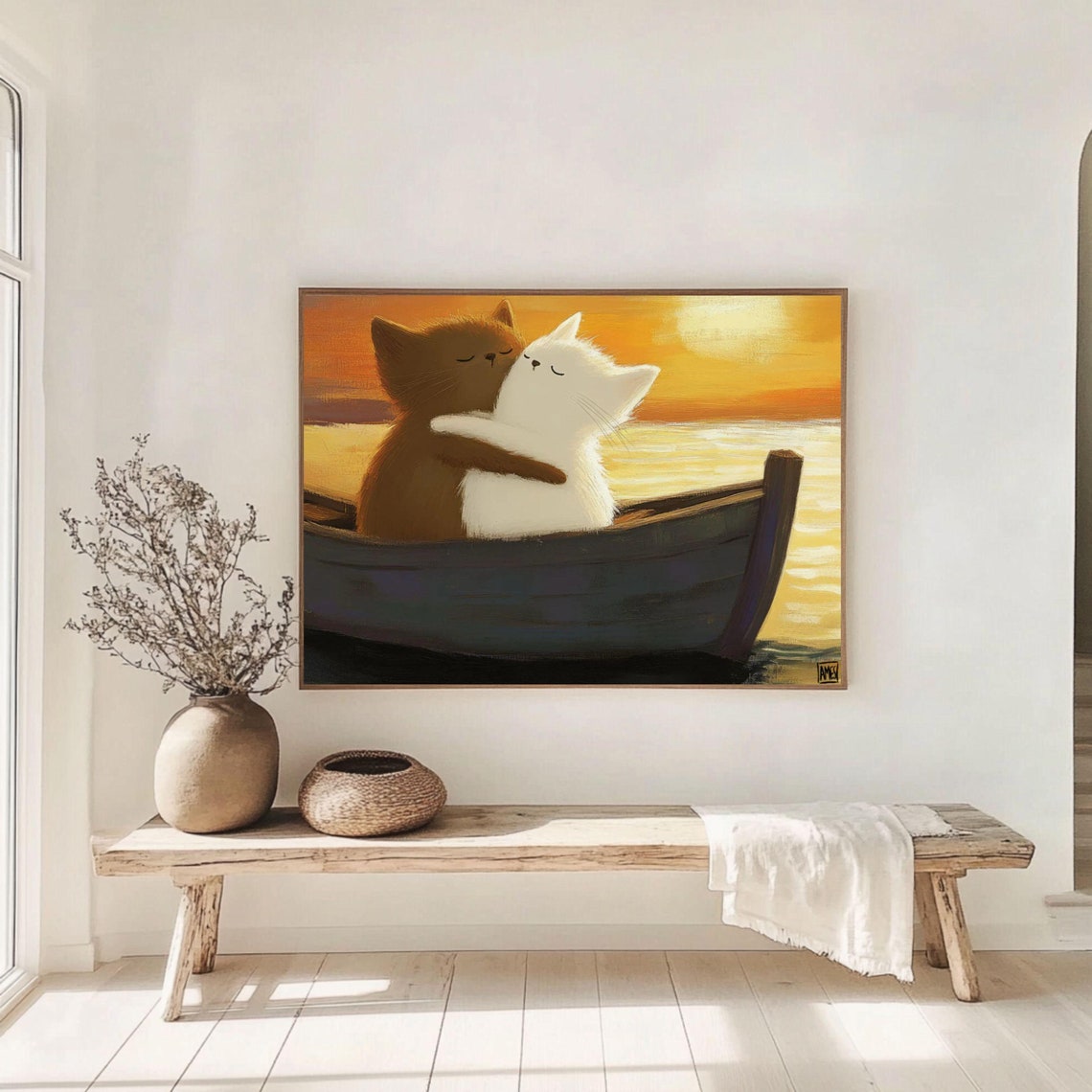Two Cats Hugging In Rowboat Golden Sunset Love Cute Wall Art