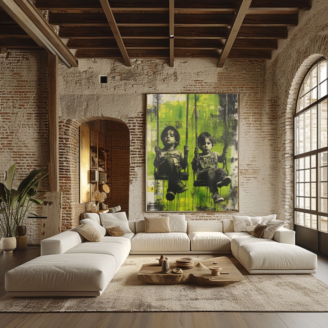 Two Kids on Swings Against Neon Green Street Art Style Poster