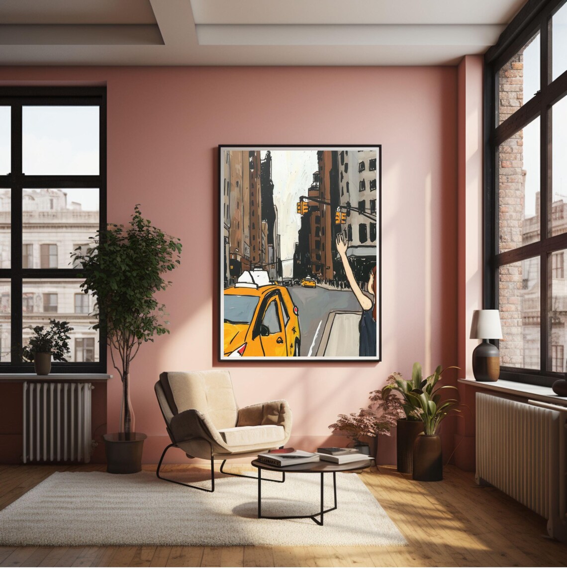 New York City Yellow Taxi Girl Hailing Cab Street Scene Poster