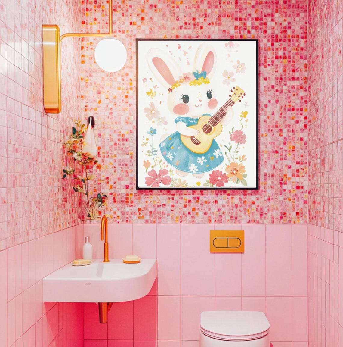 Cute Bunny Playing Guitar Poster Watercolor Nursery Floral Artwork