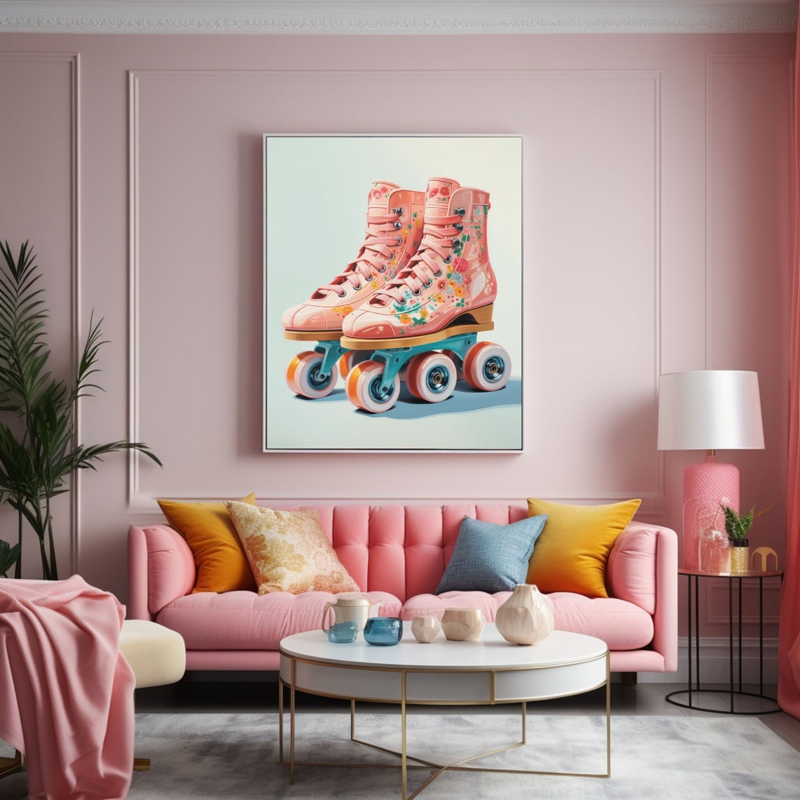 Girly Pink Floral Retro Roller Skates with Blue Wheels Poster