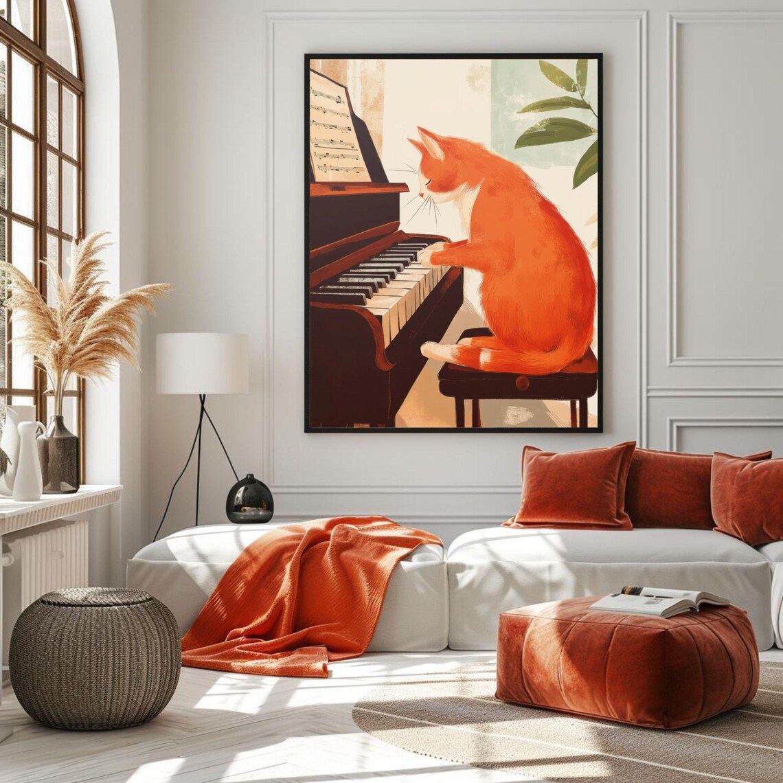 Cat Pianist Poster, Orange Tabby Cat at Piano Print