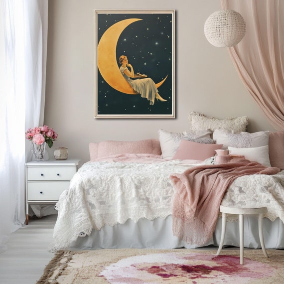 Whimsical Moon Poster Dreamy Art Print Celestial Decor Vintage Moon Wall Art Vintage Moon Print Retro Moon Print