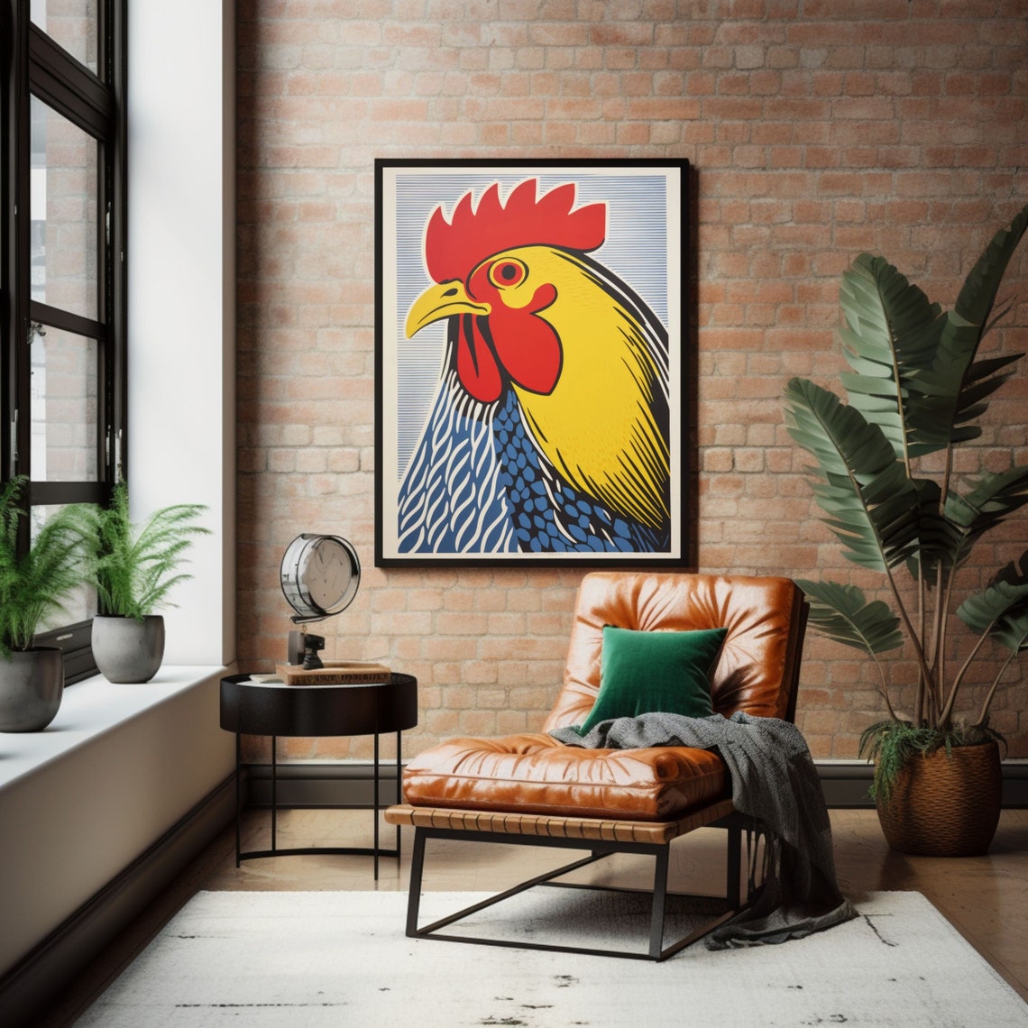 Retro Rooster Head Portrait Bold Primary Color Linocut Style Poster