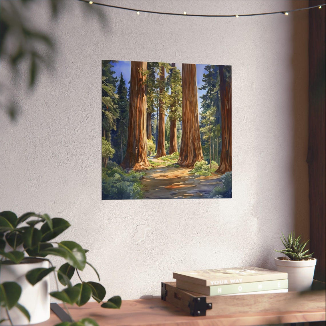 Redwood Forest Path Sunlight Watercolor Tall Trees Nature Hike Poster