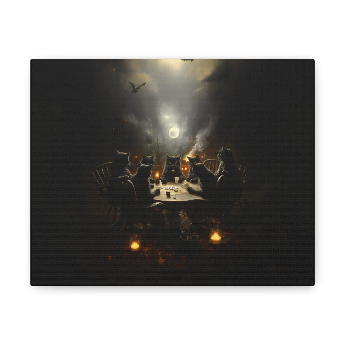 Seven Black Cats Playing Poker Under Moonlit Halloween Sky Poster - Image 2