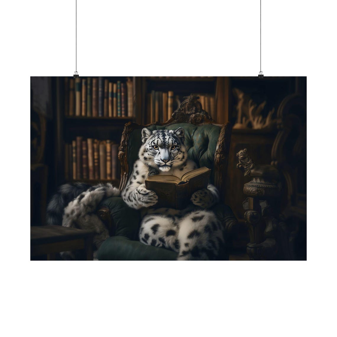 Snow Leopard Reading Book In A Cozy Library Charming Animal Poster