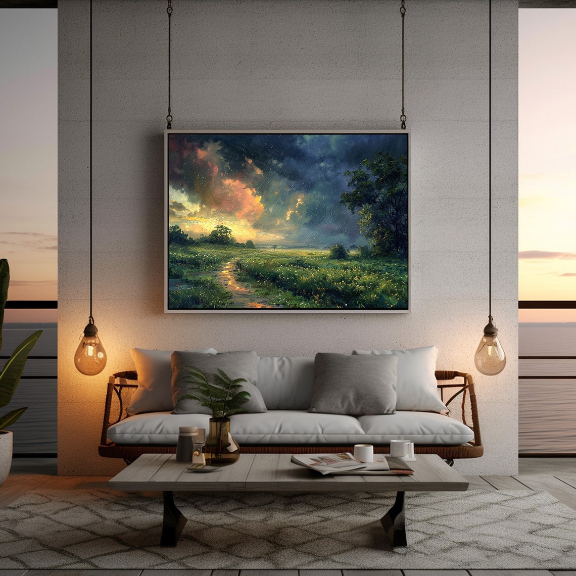 Rainy Meadow Sunset Storm Clouds Wildflower Field Painting Poster - Image 2
