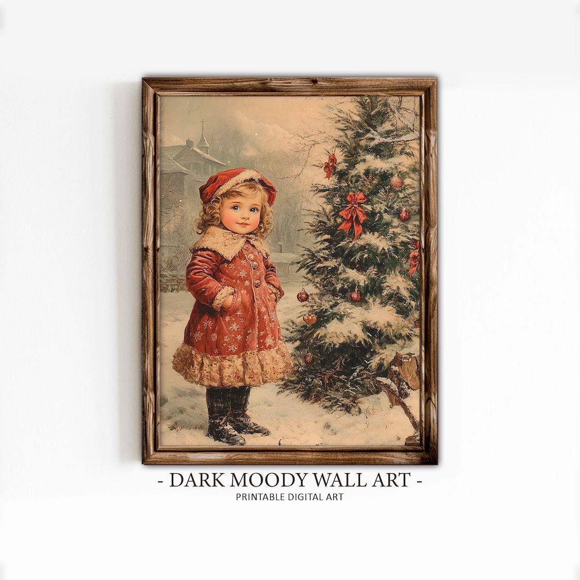 Vintage Girl in Red Coat Beside Snowy Christmas Tree Wall Art