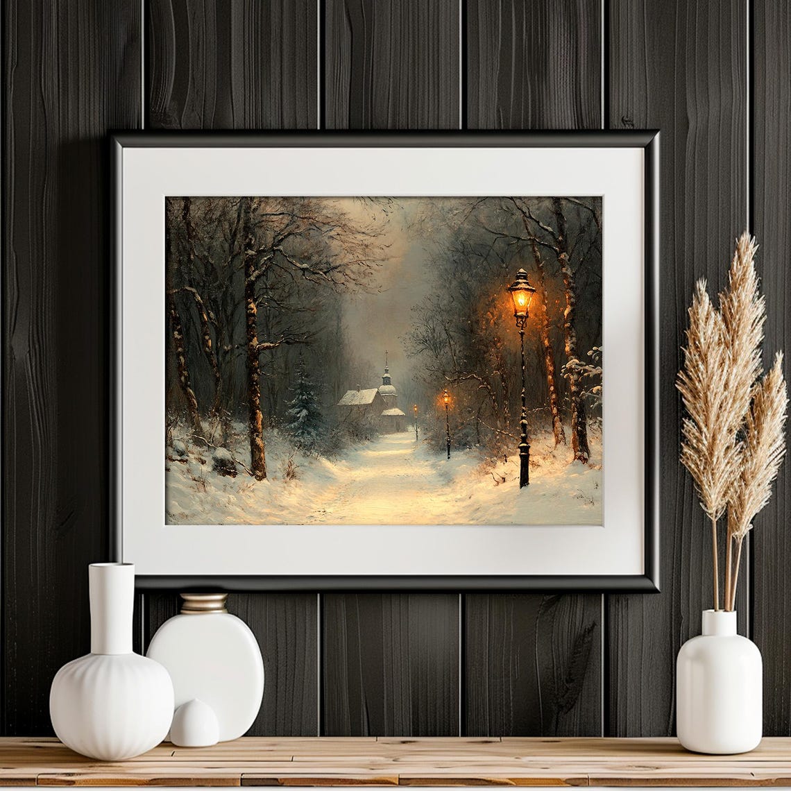 Snowy Lamplit Forest Path to Chapel Winter Night Painting Poster - Image 5