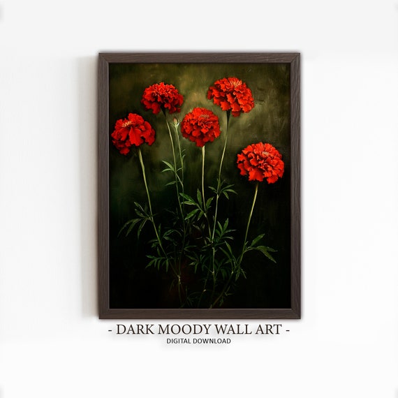 Marigold Painting Dark Academia Print Gothic Flower Still Life Dark Moody Mexican Floral Wall Decor