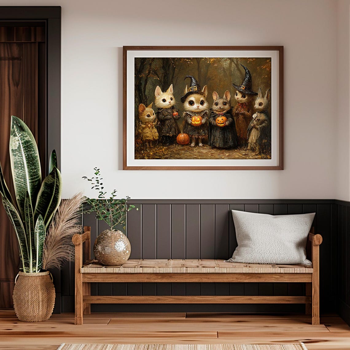 Kittens in Witch Hats Holding Pumpkins Forest Halloween Group Poster - Image 2
