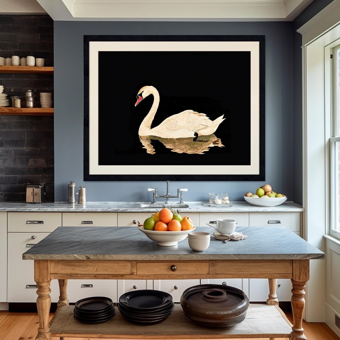 White Swan Minimalist Painting Black Background Elegant Bird Wall Art - Image 2
