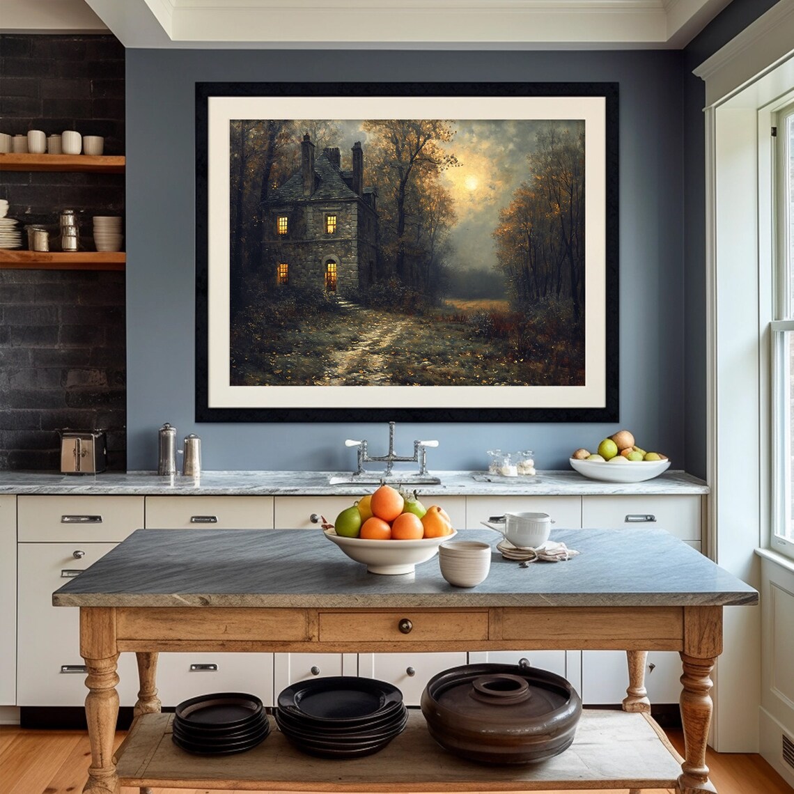 Stone Cottage with Lit Windows in an Autumn Forest at Night Art Poster - Image 4