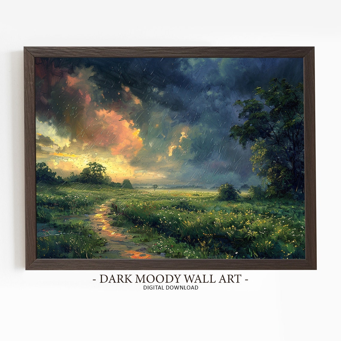Rain Painting Rustic Rainy Meadow Landscape Print Rainy Field Art Dark Moody Art