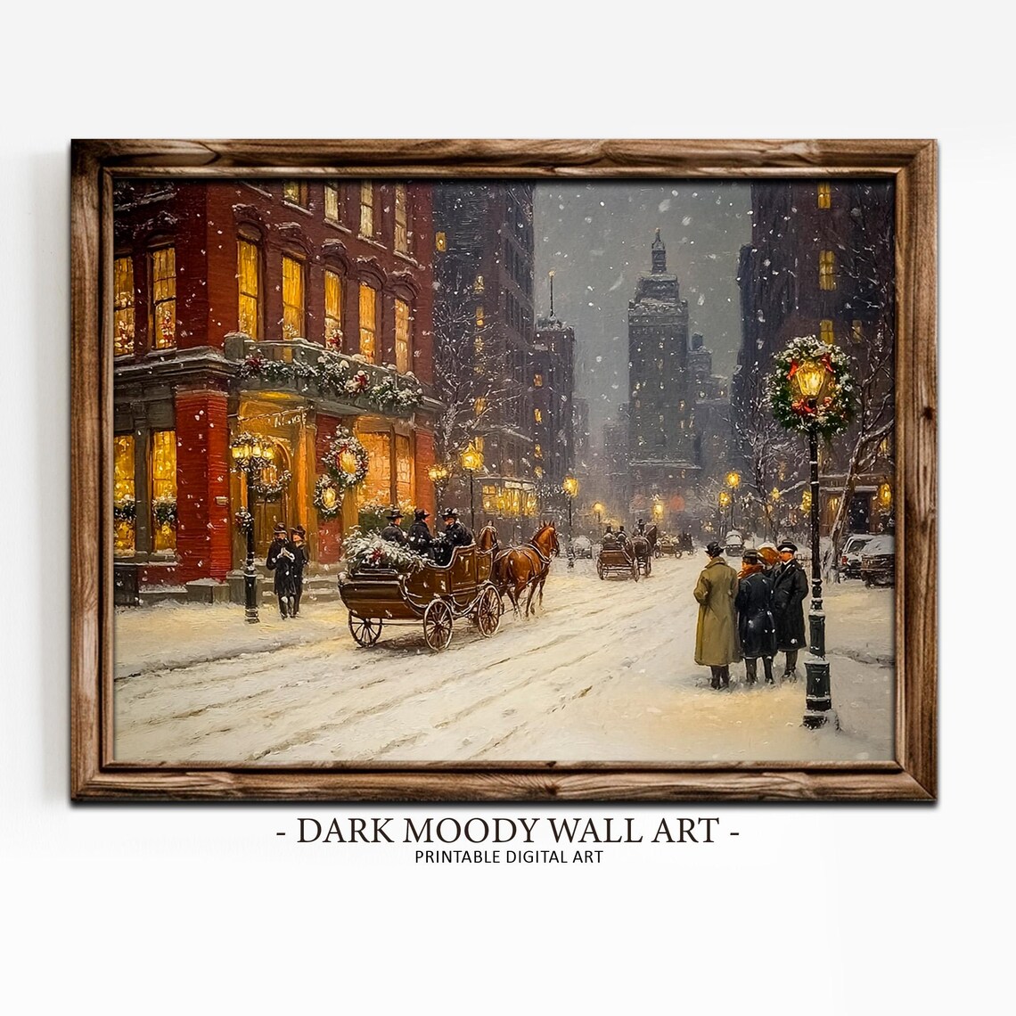 Victorian Horse Carriage Snowy Street Wreath Hotel Glow Poster