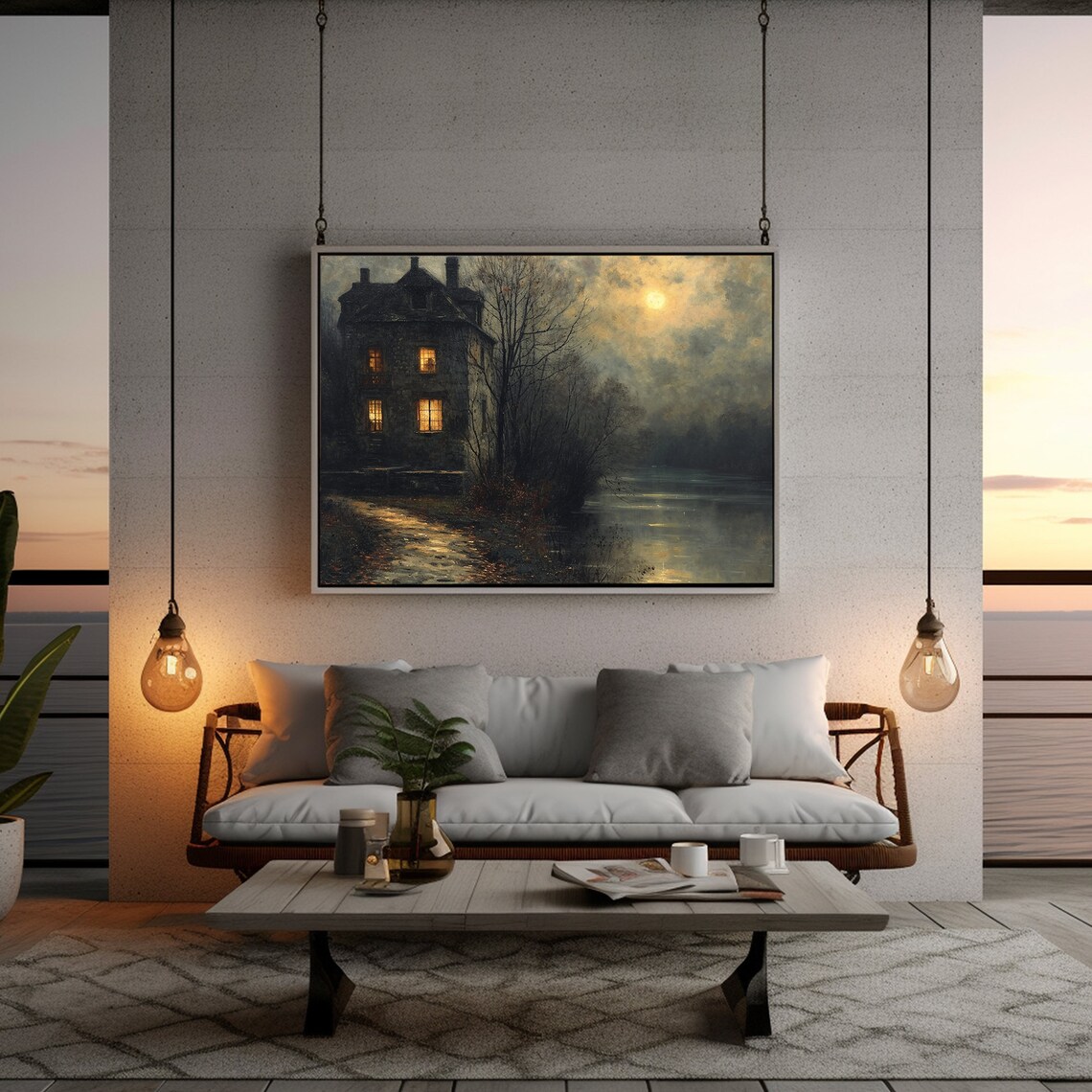 Moonlit Stone House With Glowing Windows by Lake Full Moon Night Painting Poster - Image 2
