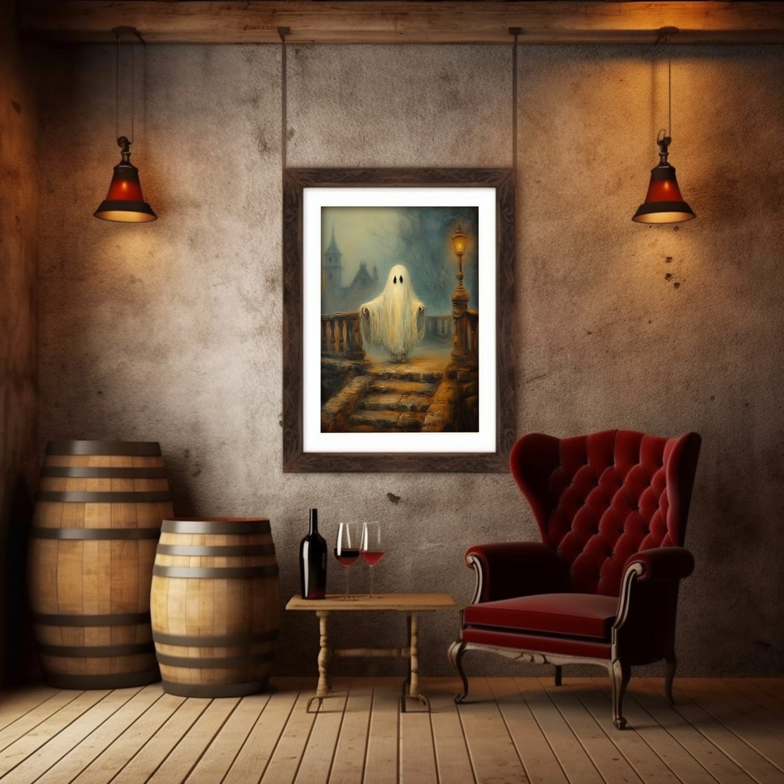 Cute Ghost Painting Moody Haunted Halloween Art Gothic Ghost On The Bridge Print Decor - Image 2