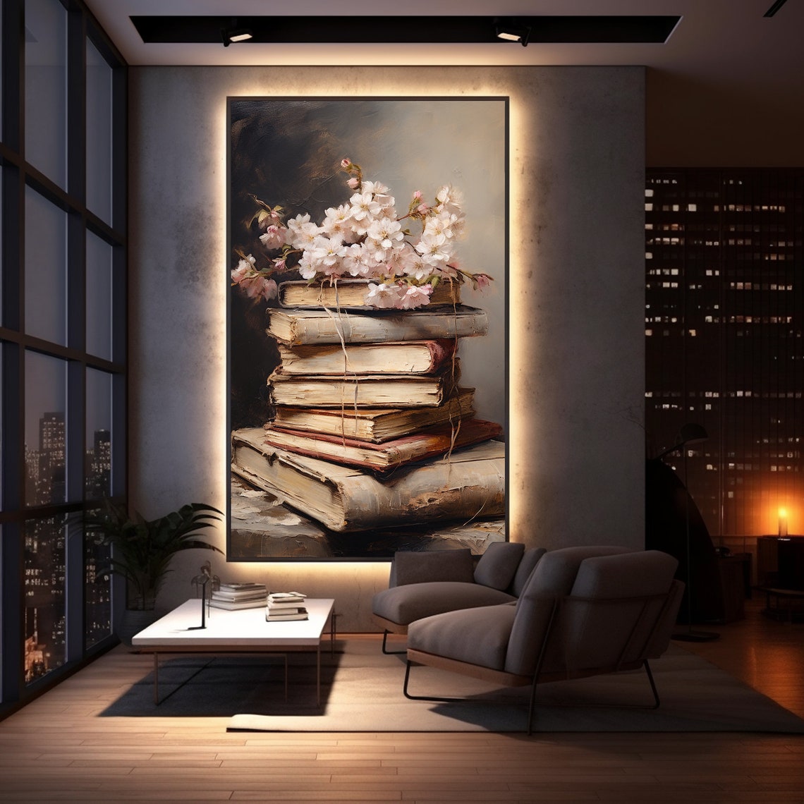 Antique Books Stack White Blossoms Vintage Library Decor Poster - Image 6